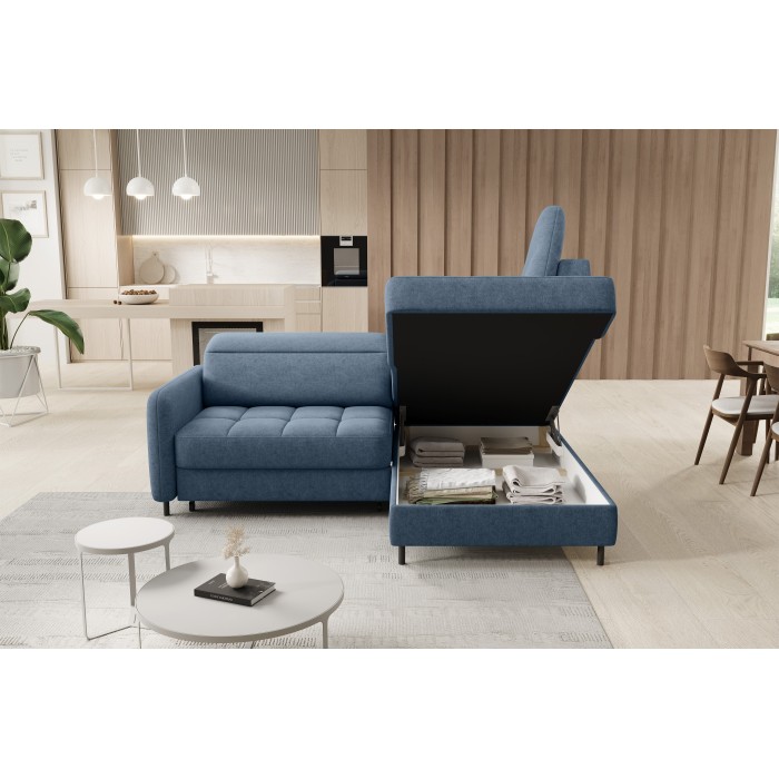 Canapé d’angle droit convertible BARNEA 208 cm bleu marine chiné avec rangement 
