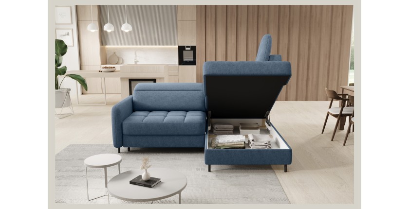 Canapé d’angle droit convertible BARNEA 208 cm bleu marine chiné avec rangement 