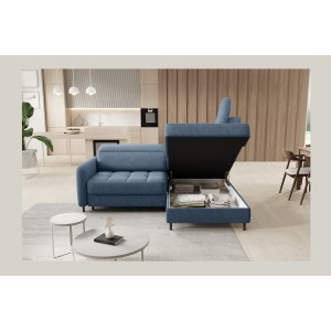 Canapé d’angle droit convertible BARNEA 208 cm bleu marine chiné avec rangement 
