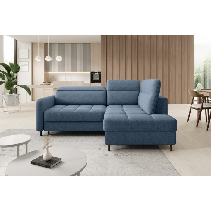Canapé d’angle droit convertible BARNEA 208 cm bleu marine chiné avec rangement 