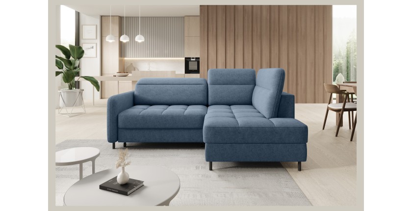 Canapé d’angle droit convertible BARNEA 208 cm bleu marine chiné avec rangement 