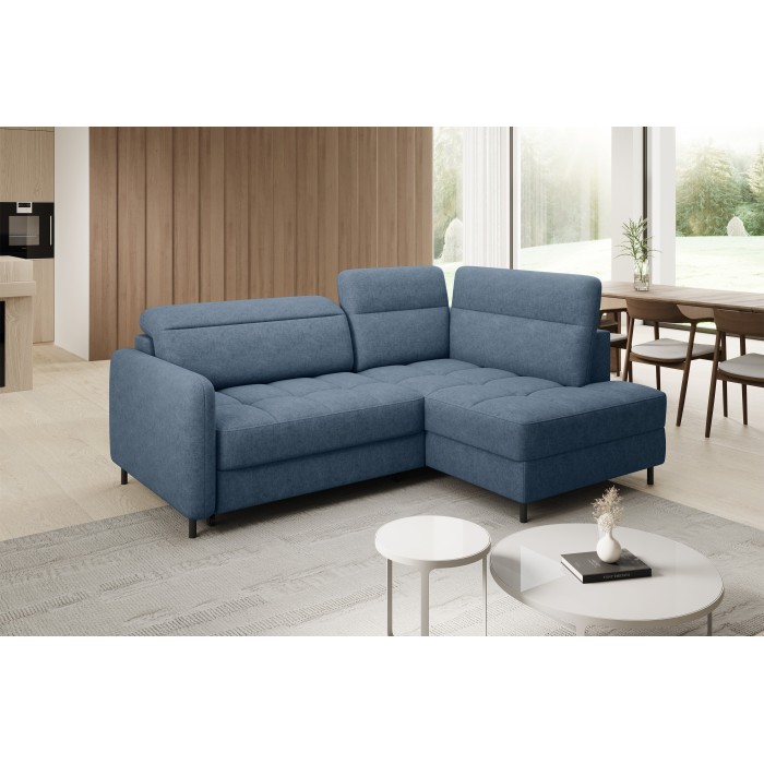 Canapé d’angle droit convertible BARNEA 208 cm bleu marine chiné avec rangement 