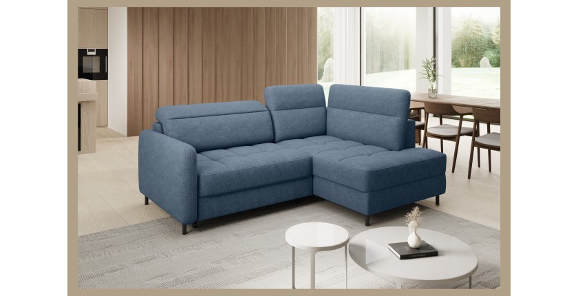 Canapé d’angle droit convertible BARNEA 208 cm bleu marine chiné avec rangement 