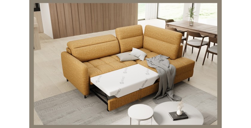 Canapé d’angle droit convertible BARNEA 208 cm camel en tissu chenille avec rangement 