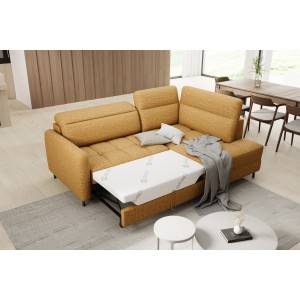 Canapé d’angle droit convertible BARNEA 208 cm camel en tissu chenille avec rangement 