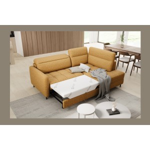 Canapé d’angle droit convertible BARNEA 208 cm camel en tissu chenille avec rangement 