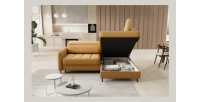 Canapé d’angle droit convertible BARNEA 208 cm camel en tissu chenille avec rangement 
