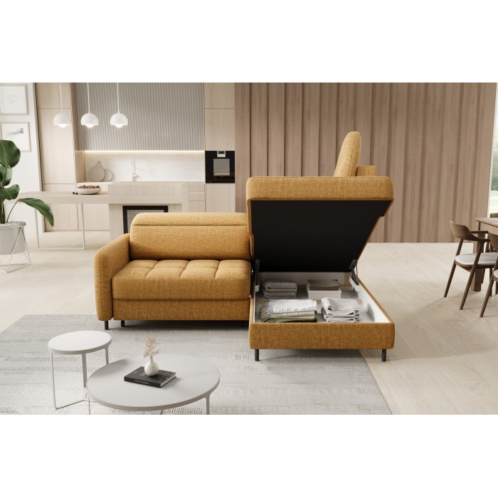 Canapé d’angle droit convertible BARNEA 208 cm camel en tissu chenille avec rangement 