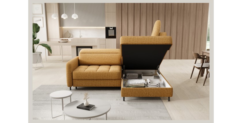 Canapé d’angle droit convertible BARNEA 208 cm camel en tissu chenille avec rangement 