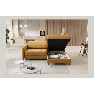 Canapé d’angle droit convertible BARNEA 208 cm camel en tissu chenille avec rangement 