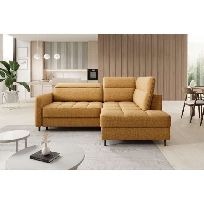 Canapé d’angle droit convertible BARNEA 208 cm camel en tissu chenille avec rangement 