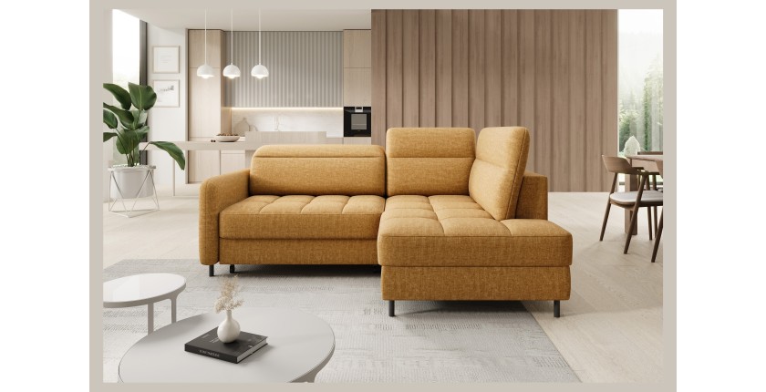 Canapé d’angle droit convertible BARNEA 208 cm camel en tissu chenille avec rangement 