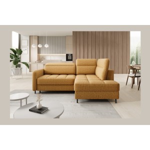 Canapé d’angle droit convertible BARNEA 208 cm camel en tissu chenille avec rangement 