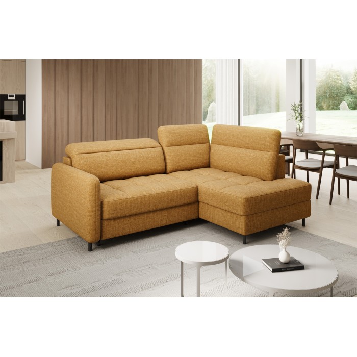 Canapé d’angle droit convertible BARNEA 208 cm camel en tissu chenille avec rangement 