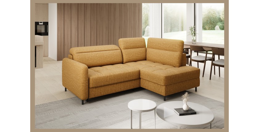 Canapé d’angle droit convertible BARNEA 208 cm camel en tissu chenille avec rangement 