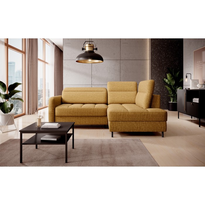 Canapé d’angle droit convertible BARNEA 208 cm camel en tissu chenille avec rangement 
