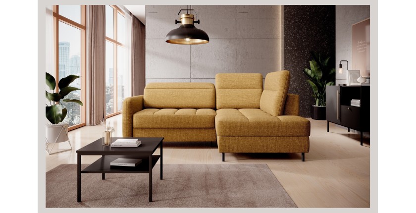 Canapé d’angle droit convertible BARNEA 208 cm camel en tissu chenille avec rangement 