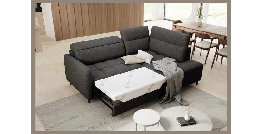 Canapé d’angle droit convertible BARNEA 208 cm gris foncé en tissu chenille avec rangement 