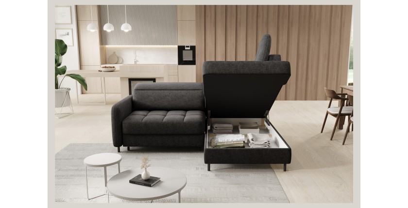 Canapé d’angle droit convertible BARNEA 208 cm gris foncé en tissu chenille avec rangement 