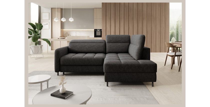 Canapé d’angle droit convertible BARNEA 208 cm gris foncé en tissu chenille avec rangement 
