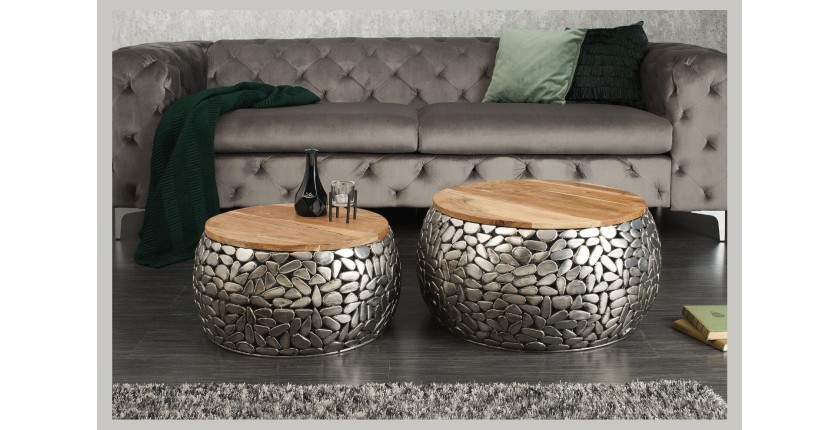 Tables basses gigognes GALEA avec motifs mosaïc argentées vues de face