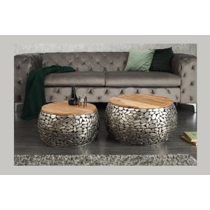 Tables basses gigognes GALEA avec motifs mosaïc argentées vues de face