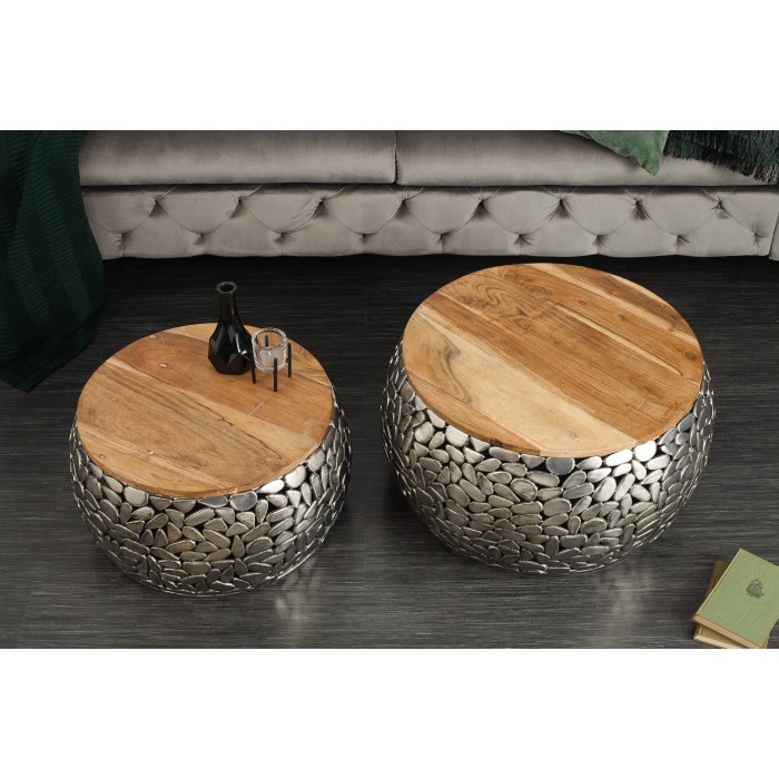 Tables basses gigognes GALEA avec motifs mosaïc argentées vues de haut