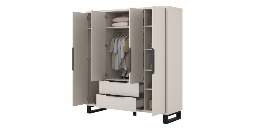 Armoire MILOS 4 portes cachemire avec 2 tiroirs et poignées métal 191 cm