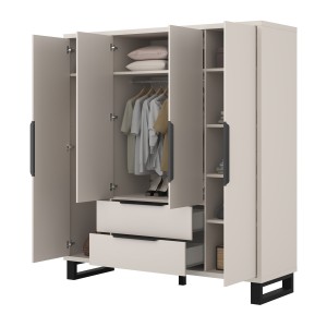 Armoire MILOS 4 portes cachemire avec 2 tiroirs et poignées métal 191 cm