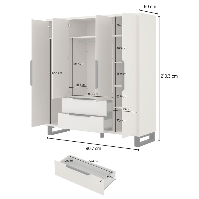 Schrank MILOS 4 Türen Kaschmir mit 2 Schubladen und Metallgriffen 191 cm
