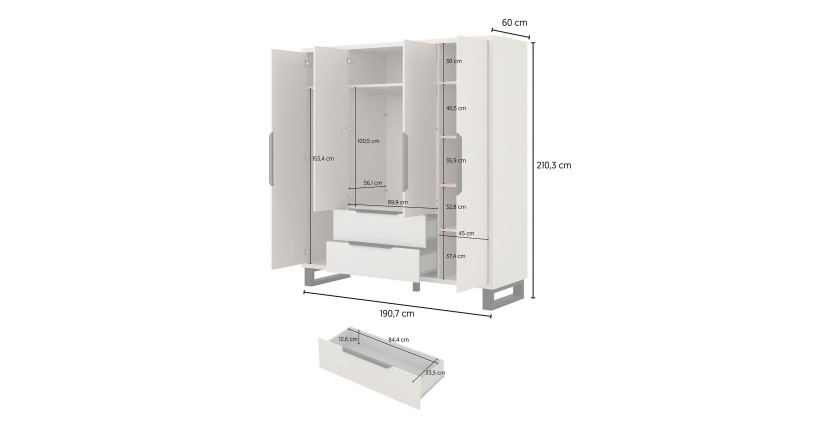 Armoire MILOS 4 portes cachemire avec 2 tiroirs et poignées métal 191 cm