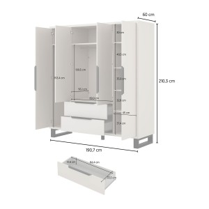 Armoire MILOS 4 portes cachemire avec 2 tiroirs et poignées métal 191 cm