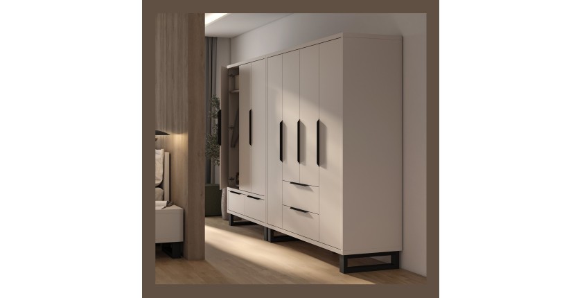 Armoire MILOS 4 portes cachemire avec 2 tiroirs et poignées métal 191 cm