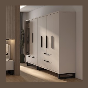 Armoire MILOS 4 portes cachemire avec 2 tiroirs et poignées métal 191 cm