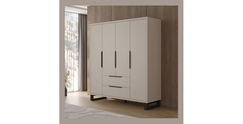 Armoire MILOS 4 portes cachemire avec 2 tiroirs et poignées métal 191 cm