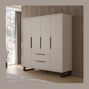 Armoire MILOS 4 portes cachemire avec 2 tiroirs et poignées métal 191 cm