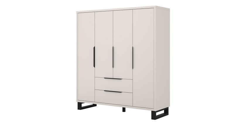 Armoire MILOS 4 portes cachemire avec 2 tiroirs et poignées métal 191 cm