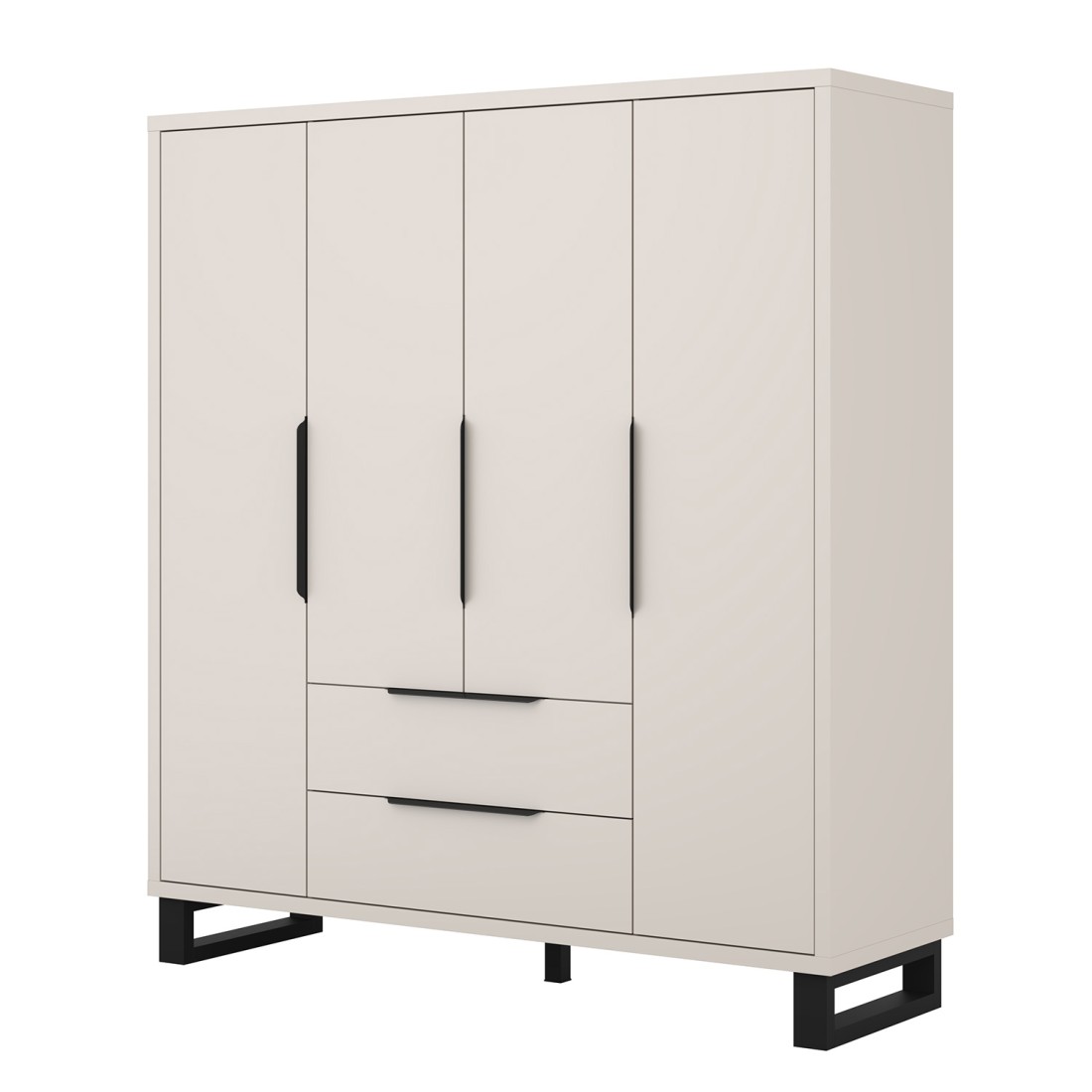 Armoire MILOS 4 portes cachemire avec 2 tiroirs et poignées métal 191 cm
