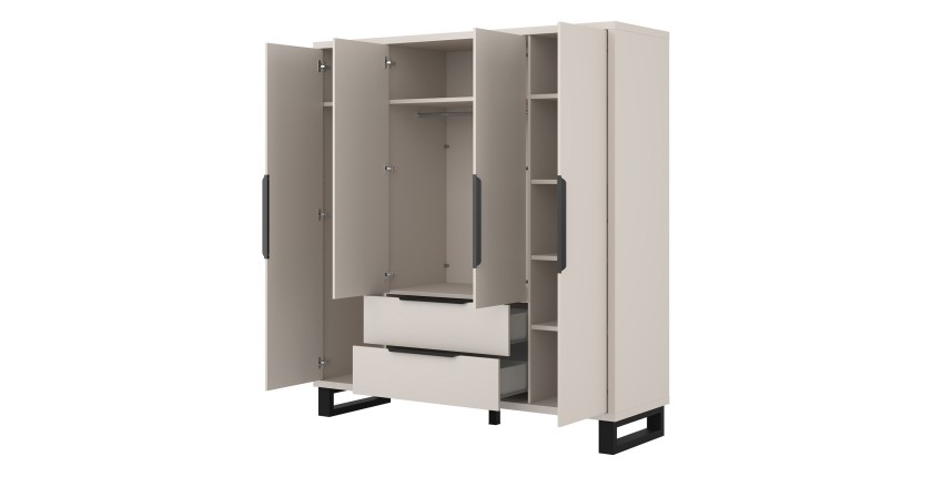 Armoire MILOS 4 portes cachemire avec 2 tiroirs et poignées métal 191 cm