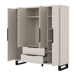 Armoire MILOS 4 portes cachemire avec 2 tiroirs et poignées métal 191 cm