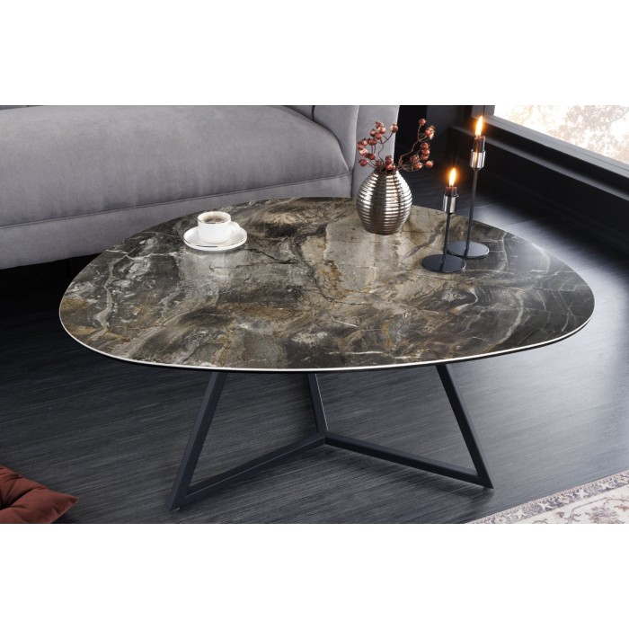 Tavolino basso PETRANO 90 cm effetto pietra color taupe – Piano in ceramica e vetro temperato