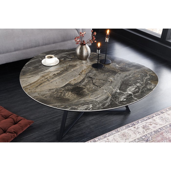 Tavolino basso PETRANO 90 cm effetto pietra color taupe – Piano in ceramica e vetro temperato
