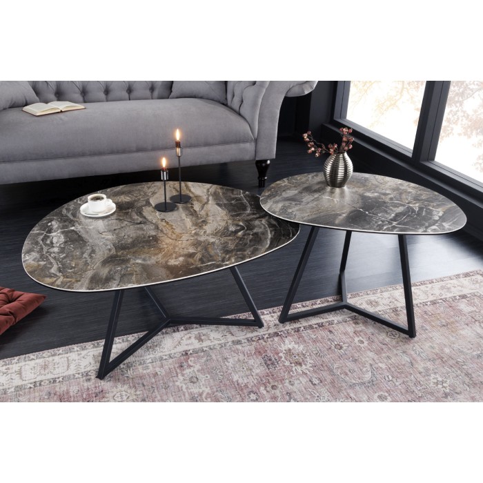 Tavolino basso PETRANO 70 cm effetto pietra taupe – Piano in ceramica e vetro temperato