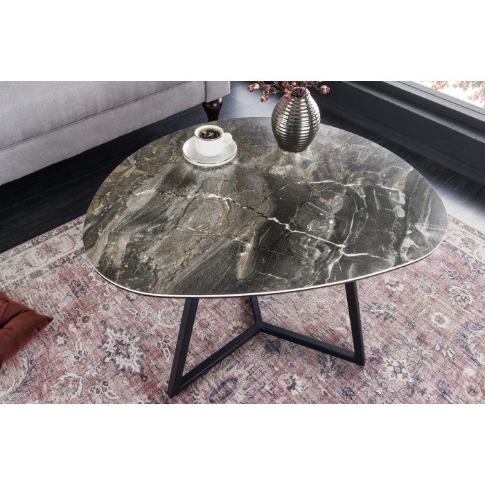 Tavolino basso PETRANO 70 cm effetto pietra taupe – Piano in ceramica e vetro temperato