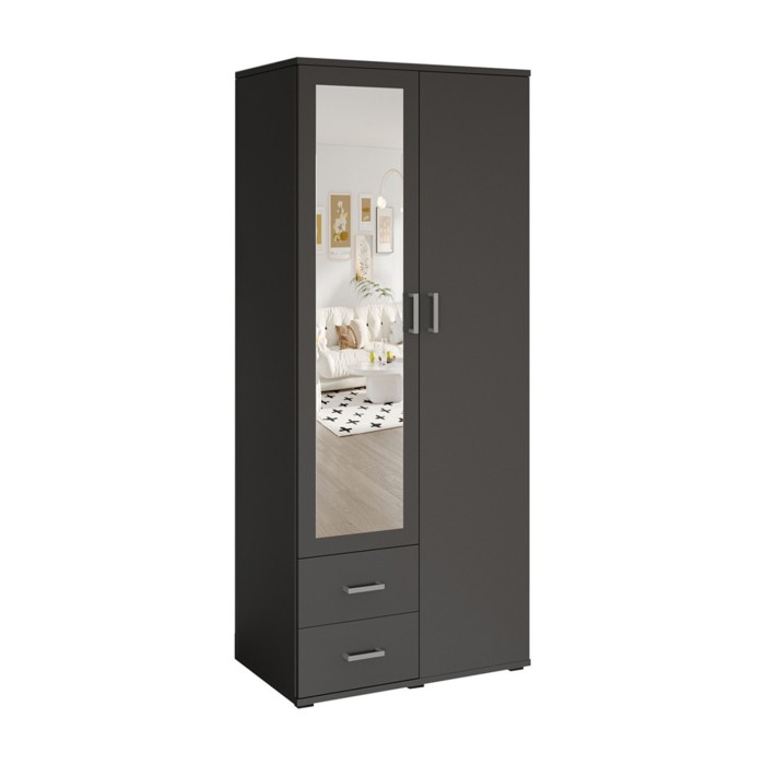 Schrank TOM mit 2 Türen, Spiegel und 2 Schubladen in Anthrazitgrau 80 cm