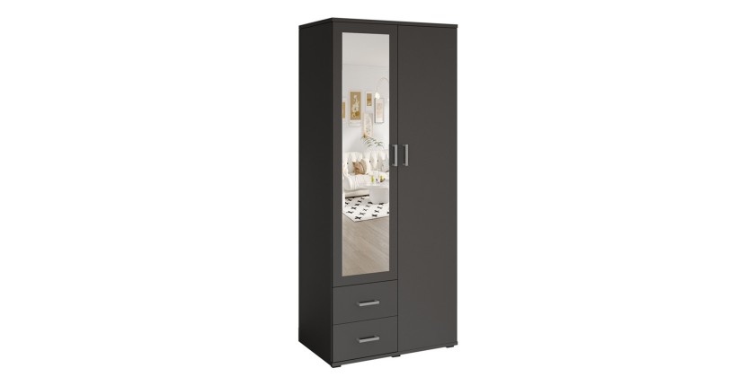 Armoire TOM 2 portes avec miroir et 2 tiroirs gris anthracite 80 cm