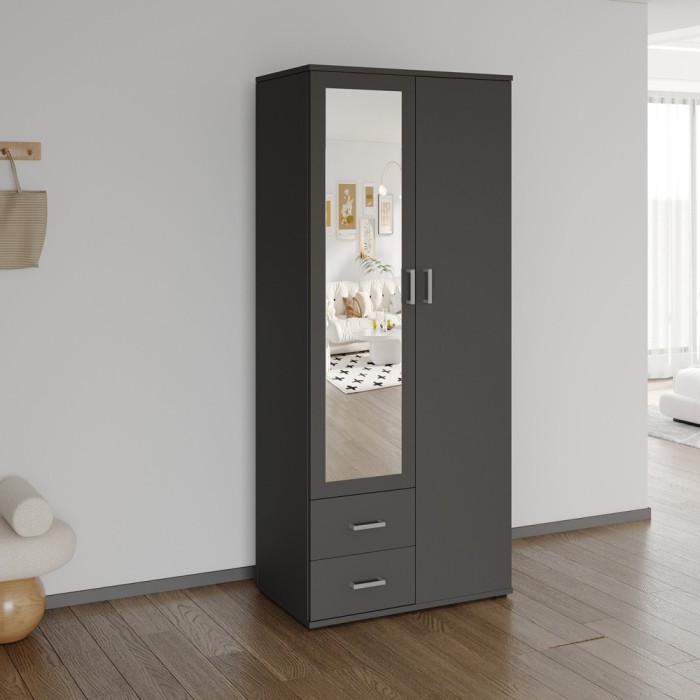 Schrank TOM mit 2 Türen, Spiegel und 2 Schubladen in Anthrazitgrau 80 cm