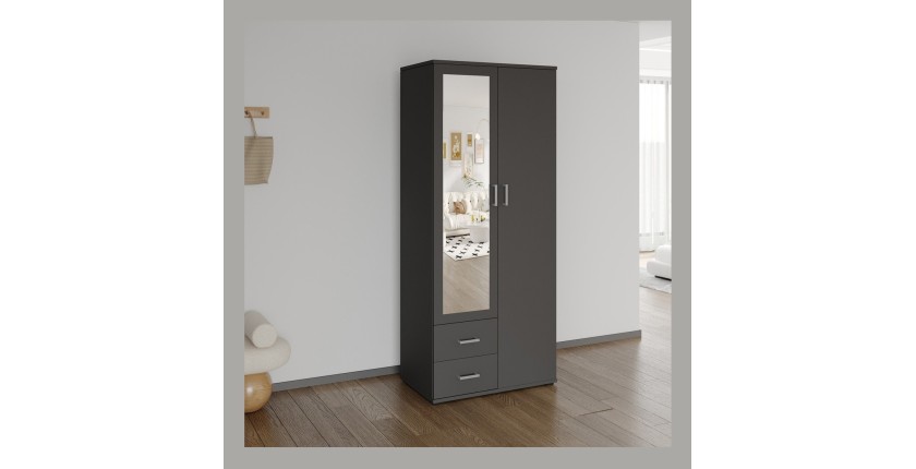 Armoire TOM 2 portes avec miroir et 2 tiroirs gris anthracite 80 cm