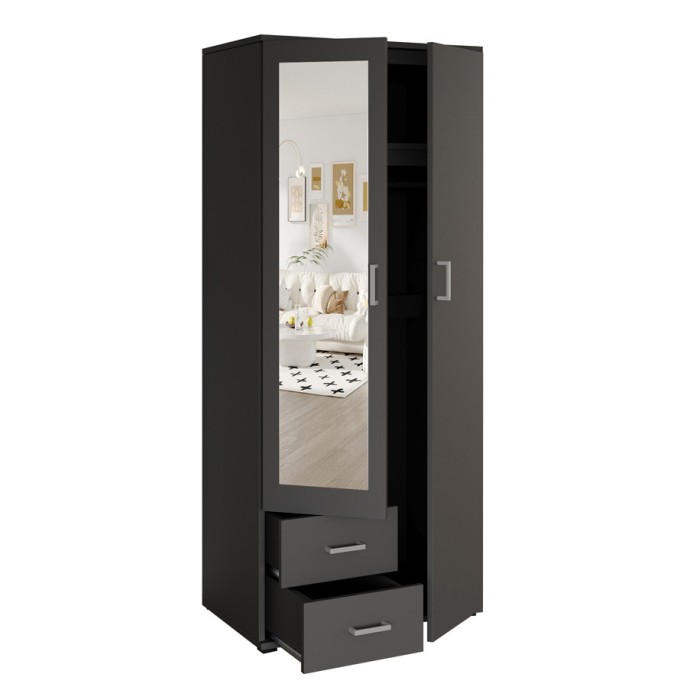 Schrank TOM mit 2 Türen, Spiegel und 2 Schubladen in Anthrazitgrau 80 cm