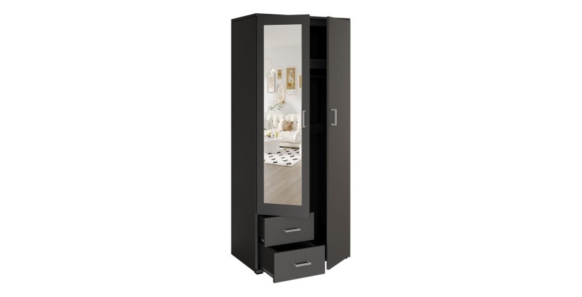 Armoire TOM 2 portes avec miroir et 2 tiroirs gris anthracite 80 cm